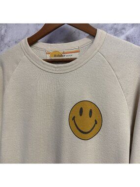 Aviator Nation Smiley Face Sweatshirt Cream Crew Neck Womens Large